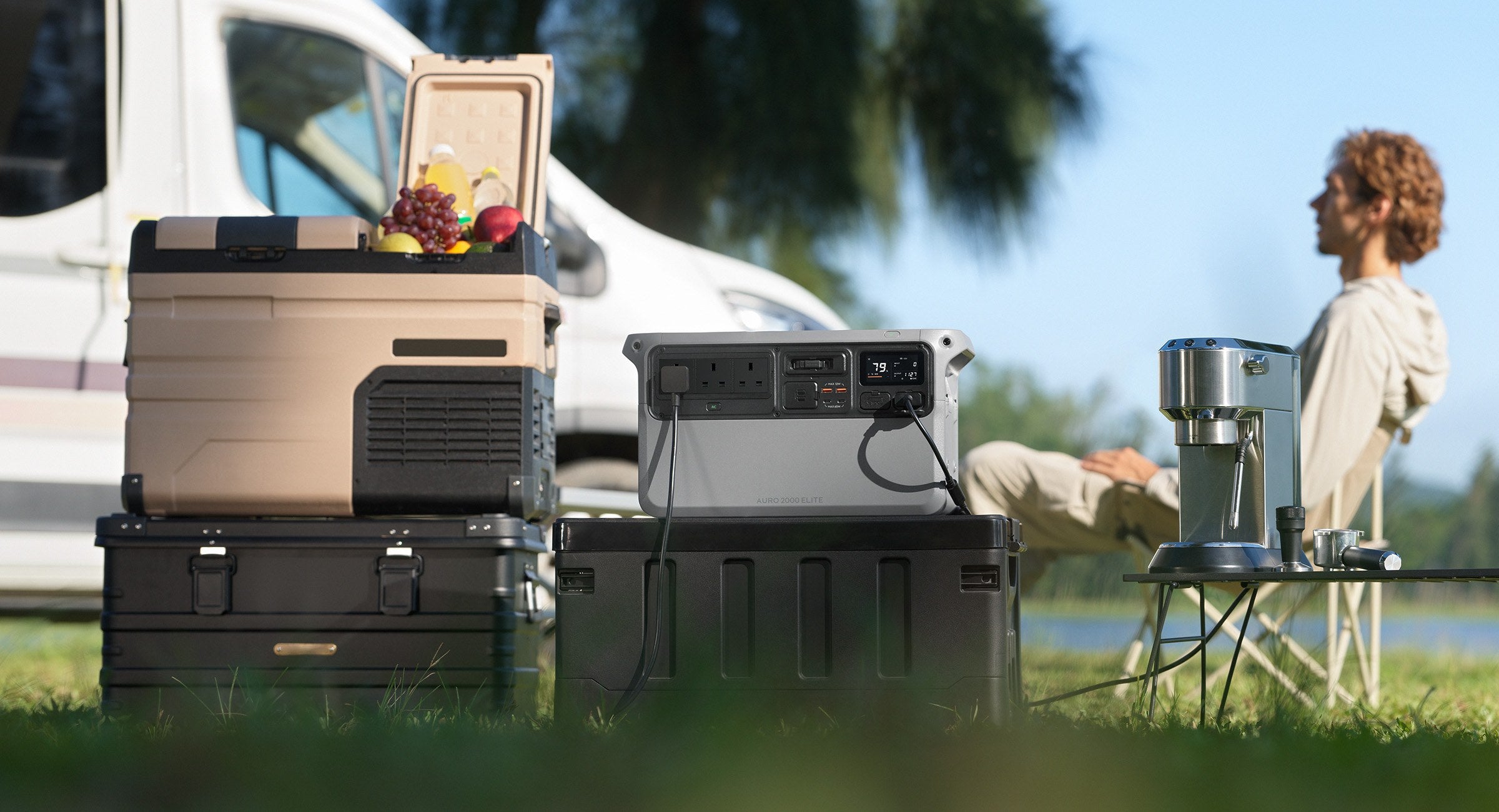 The Auro 2000 Elite at a campsite powering a coffee machine and a car fridge