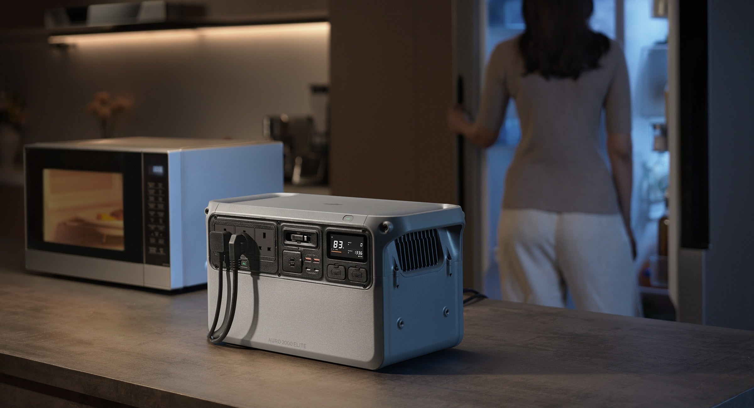 The Auro 2000 Elite on a kitchen worktop, three UK sockets in use