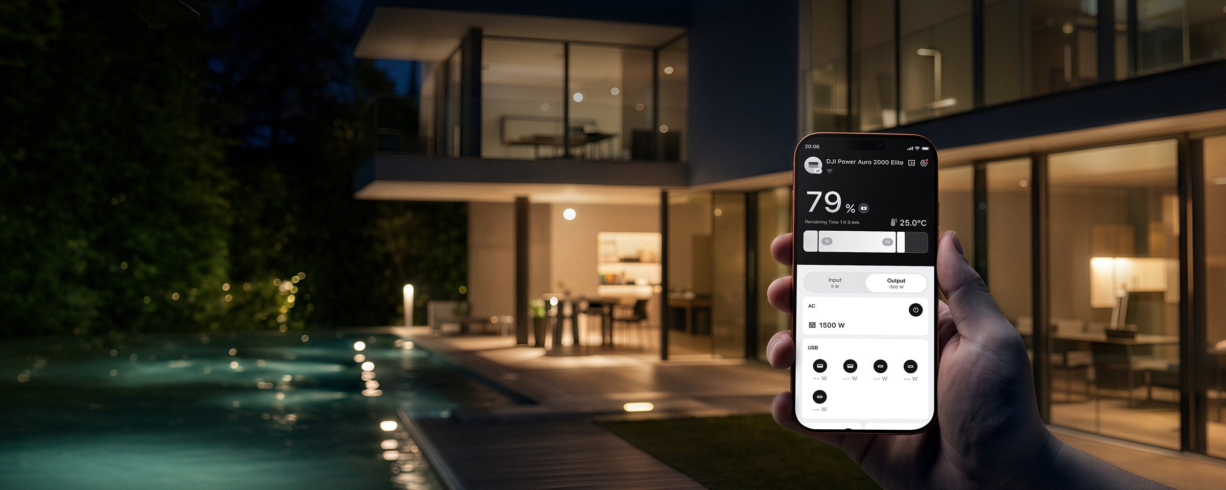 The DJI Home app on a phone outside a house at night